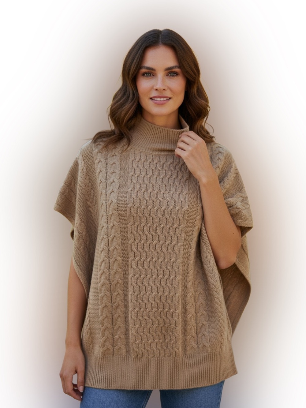 NWT Francesca’s Absolutely Famous Cable Knit Mock Neck Poncho Sweater Taupe XL